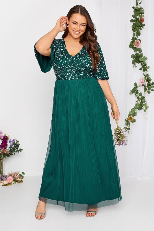 LUXE Plus Size Forest Green Sequin Hand Embellished Maxi Dress | Yours Clothing 1