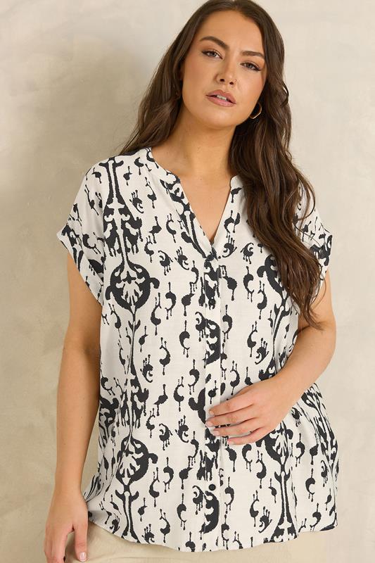 EVANS Plus Size White Abstract Print Short Sleeve Blouse | Evans 1