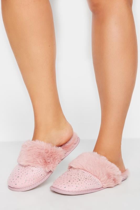Plus Size  Yours Pink Diamante Faux Fur Slippers In Wide E Fit