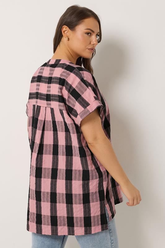 YOURS Plus Size Pink & Black Check Overhead Half Placket Shirt | Yours Clothing 2