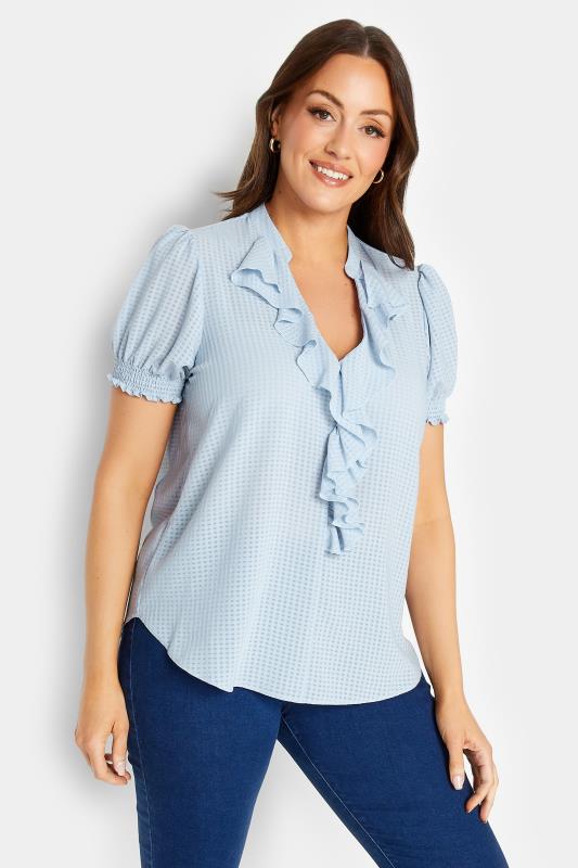 Women's  M&Co Blue Gingham Frill Front Blouse