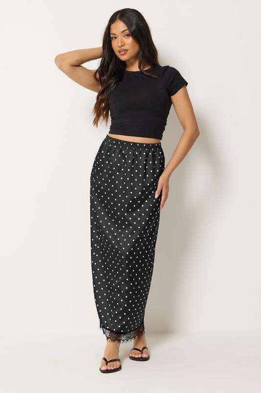 PixieGirl Petite Black Polka Dot Satin Maxi Skirt