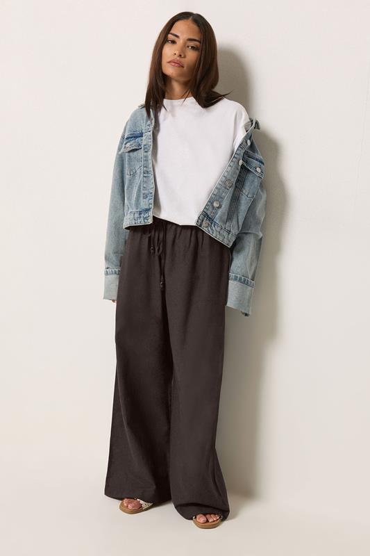 PixieGirl Petite Women's Brown Linen Wide Leg Trousers | PixieGirl 1