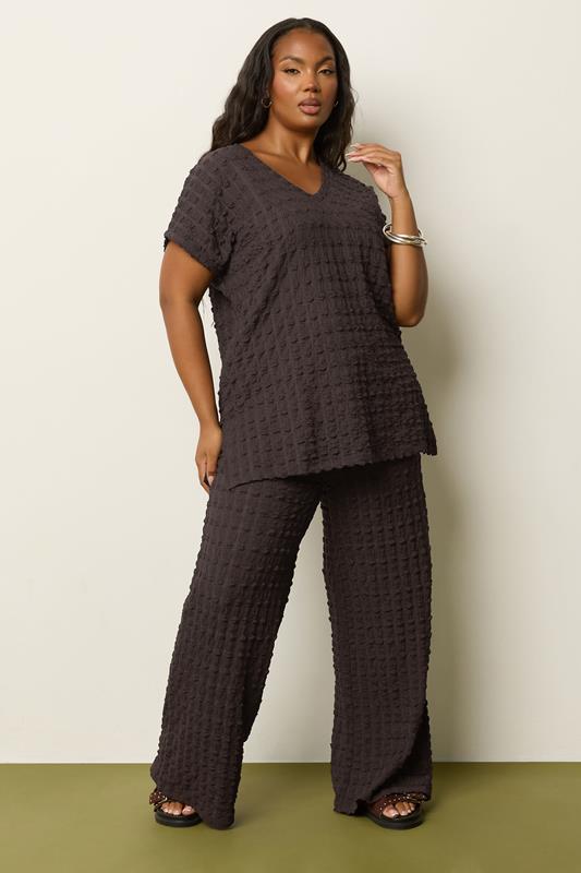 YOURS Plus Size Chocolate Brown Bubble Textured Wide Leg Trousers | Yours Clothing 1
