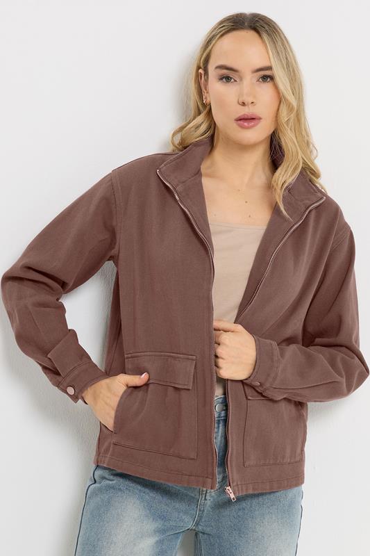LTS Tall Chocolate Brown Cotton Funnel Neck Jacket