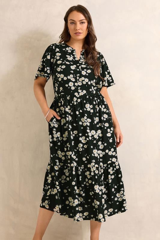 EVANS Curve Black Daisy Print Tiered Dress
