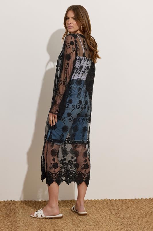 M&Co Black Mesh Embroidered Tie Front Kimono | M&Co 4