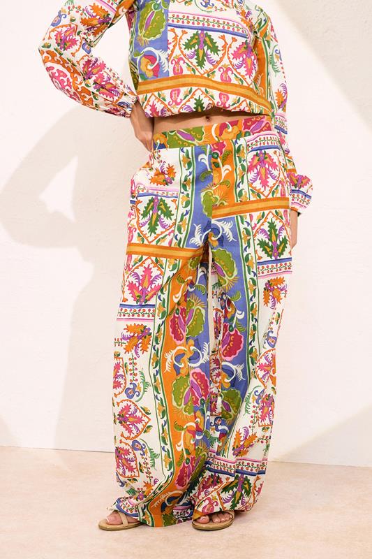 PixieGirl Petite Women's Orange Abstract Tile Print Cotton Wide Leg Trousers | PixieGirl 2