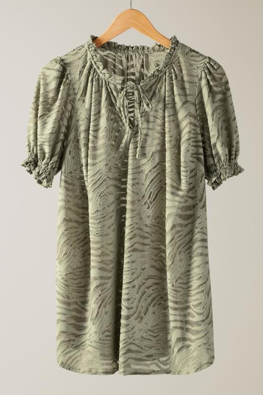 EVANS Plus Size Khaki Green Burnout Print Tie Neck Blouse | Evans 5