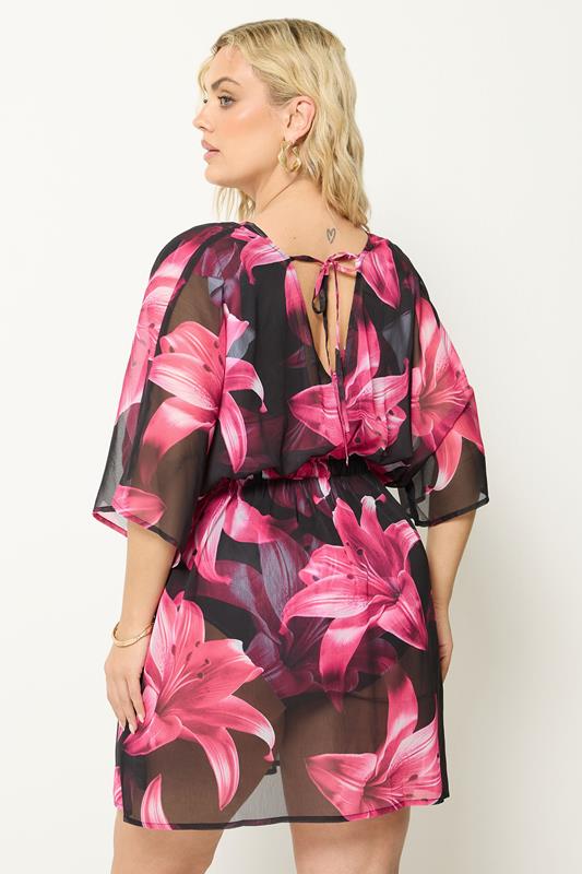 YOURS Plus Size Black & Pink Mesh Flower Print Beach Kaftan | Yours Clothing 2