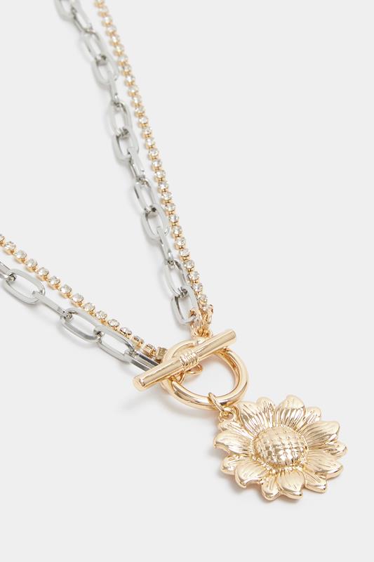 Gold & Silver Tone Pendant Flower Layered Chain Necklace | Yours Clothing 2