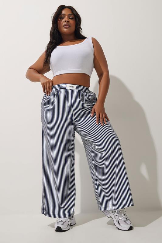 LIMITED COLLECTION Plus Size Navy Blue Stripe Boxer Waist Trousers | Yours Clothing 1