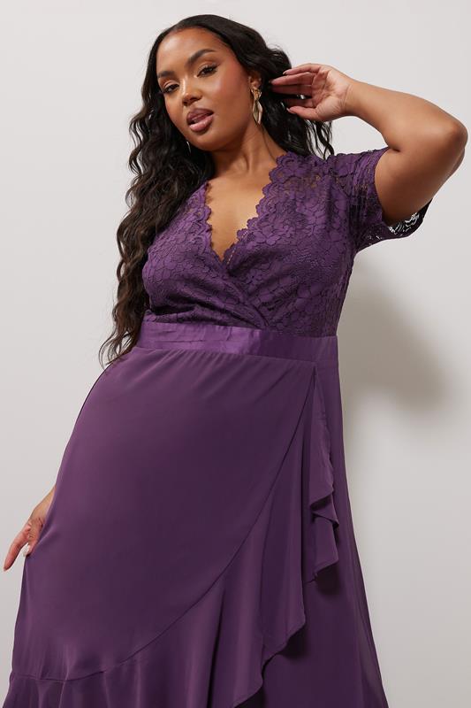 YOURS LONDON Plus Size Purple Lace Wrap Ruffle Midi Dress | Yours Clothing 4