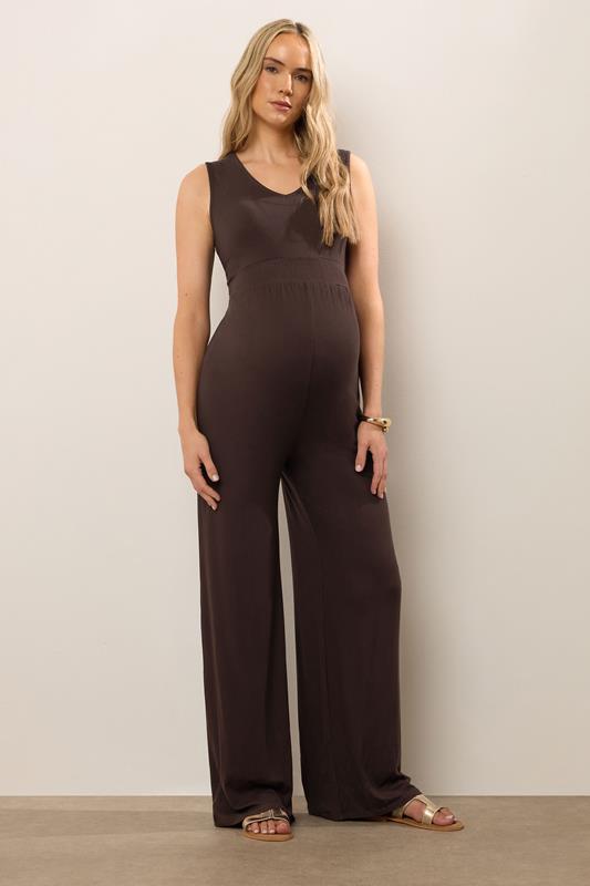 LTS Tall Women's Maternity Brown Shirred Wide Leg Jumpsuit | Long Tall Sally 4