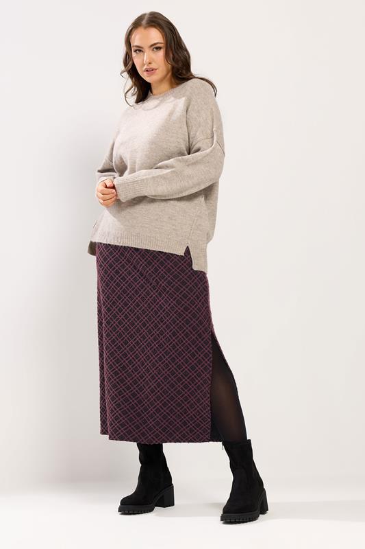 YOURS Plus Size Burgundy Red Check Print Textured Tube Skirt | Yours Clothing 1