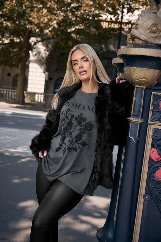 YOURS Plus Size Grey Floral 'Romance' Embellished Slogan T-Shirt | Yours Clothing 1