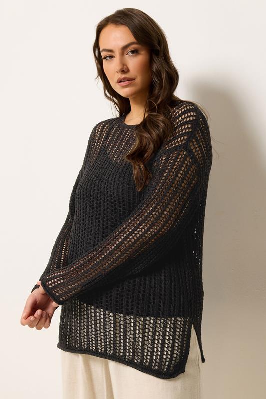 YOURS Curve Black Crochet Long Sleeve Knitted Jumper