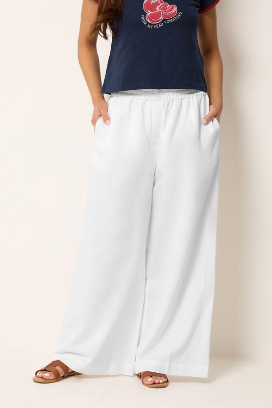 PixieGirl Petite Women's White Button Linen Wide Leg Trousers | PixieGirl 1