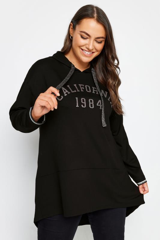 YOURS Plus Size Black 'California' Glitter Embellished Hoodie | Yours Curve 1