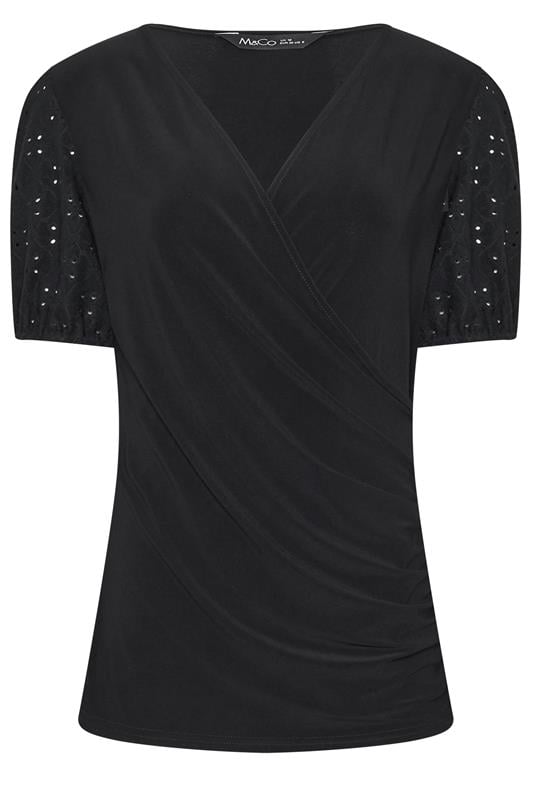  M&Co Black Broderie Sleeve Wrap Top