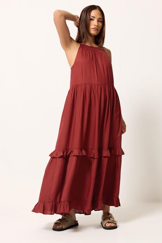 PixieGirl Petite Women's Red Halter Neck Tiered Maxi Dress | PixieGirl 1