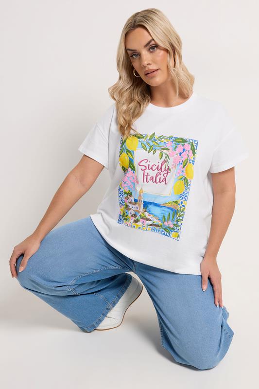 YOURS Curve White 'Sicily Italia' Graphic T-Shirt
