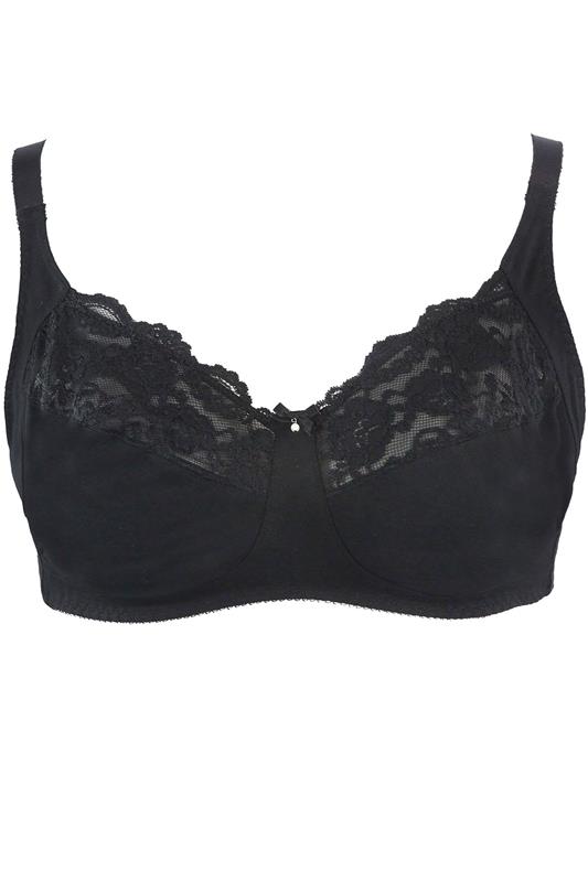 YOURS Plus Size Black Cotton Lace Trim Non-Padded Non-Wired Bralette | Yours Clothing 1