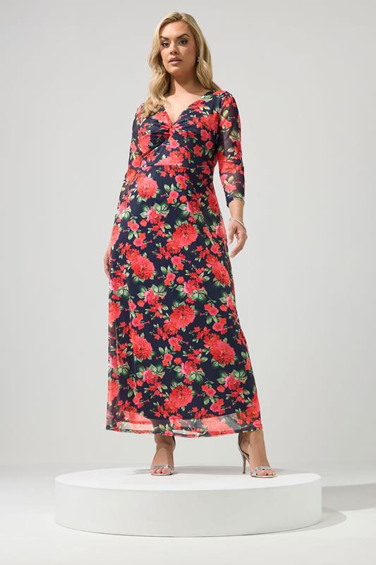 YOURS LONDON Plus Size Navy Blue Floral Knot Dress | Yours Clothing 1