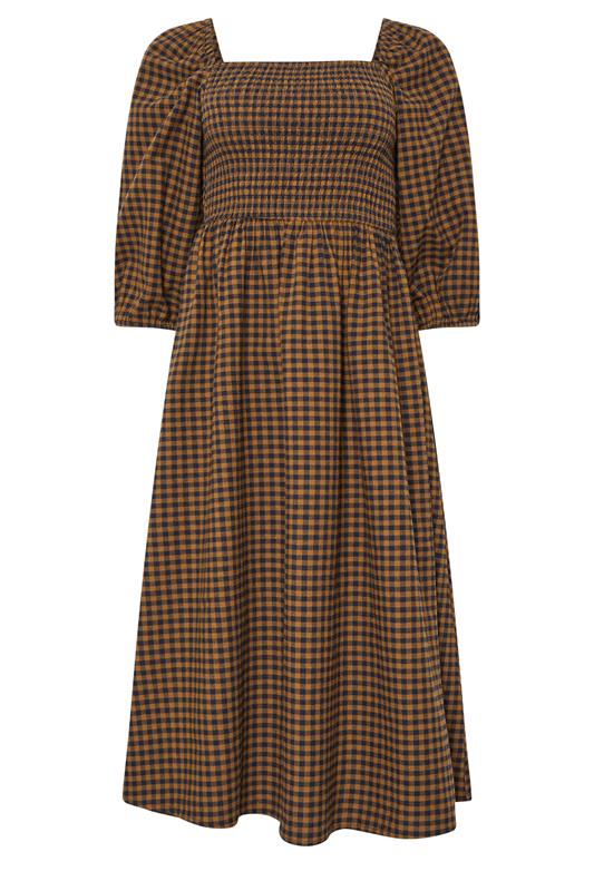 PixieGirl Petite Women's Brown Gingham Puff Sleeve Midi Dress | PixieGirl 7