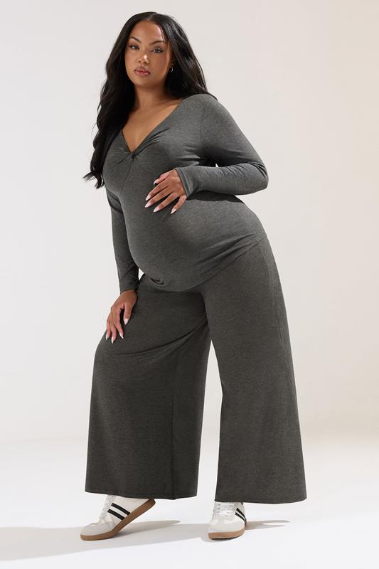 BUMP IT UP MATERNITY Plus Size Charcoal Grey Extra Wide Leg Trousers | Yours Clothing 1