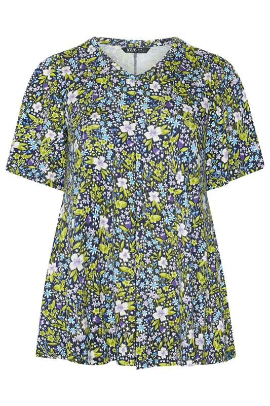 YOURS Plus Size Navy Blue & Green Floral Pleat Front Top | Yours Clothing 5
