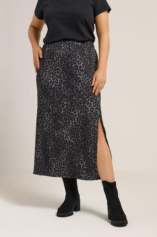 YOURS Curve Grey Leopard Print Textured Tube Skirt