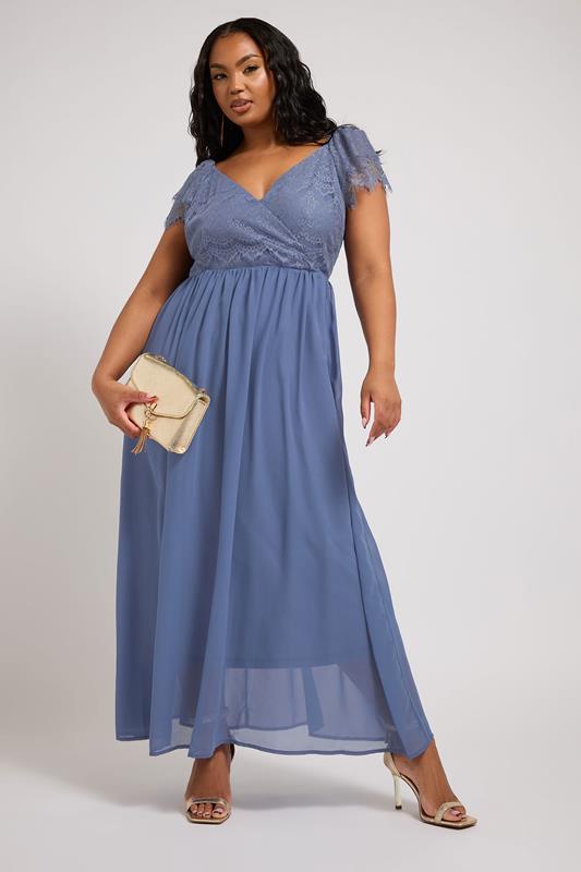 YOURS LONDON Plus Size Blue Lace Maxi Wrap Dress | Yours Clothing 1
