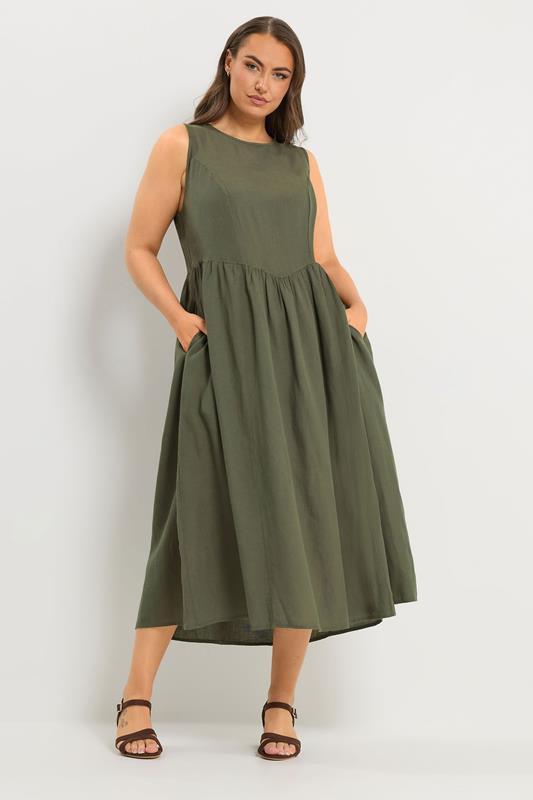 YOURS Plus Size Khaki Green Sleeveless Linen Midi Dress | Yours Clothing 2