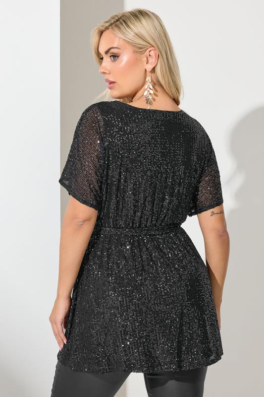 YOURS LONDON Plus Size Black Sequin Wrap Top | Yours Clothing  2