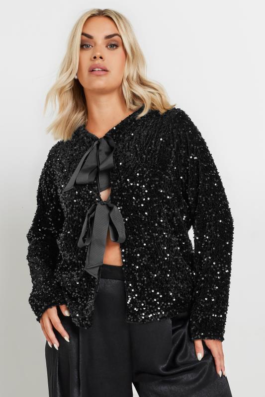 YOURS Plus Size Black Velvet Bow Tie Front Sequin Jacket | Yours Clothing 1