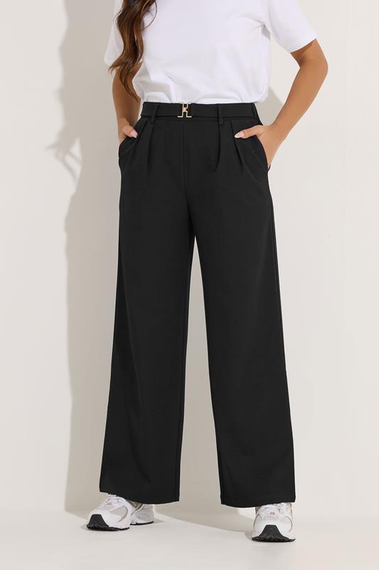 PixieGirl Petite Women's Black Buckle Wide Leg Trousers | PixieGirl 2