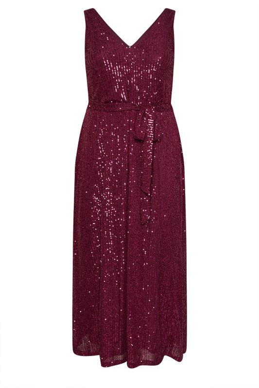 YOURS LONDON Plus Size Burgundy Red Sequin V-Neck Maxi Dress | Yours Clothing 5
