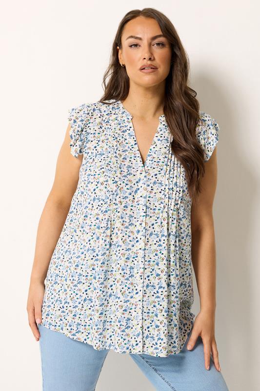 YOURS Curve White & Blue Frill Sleeve Blouse