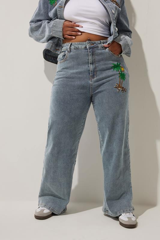 LIMITED COLLECTION Plus Size Blue Denim Palm Tree Embroidered Jeans | Yours Clothing 1