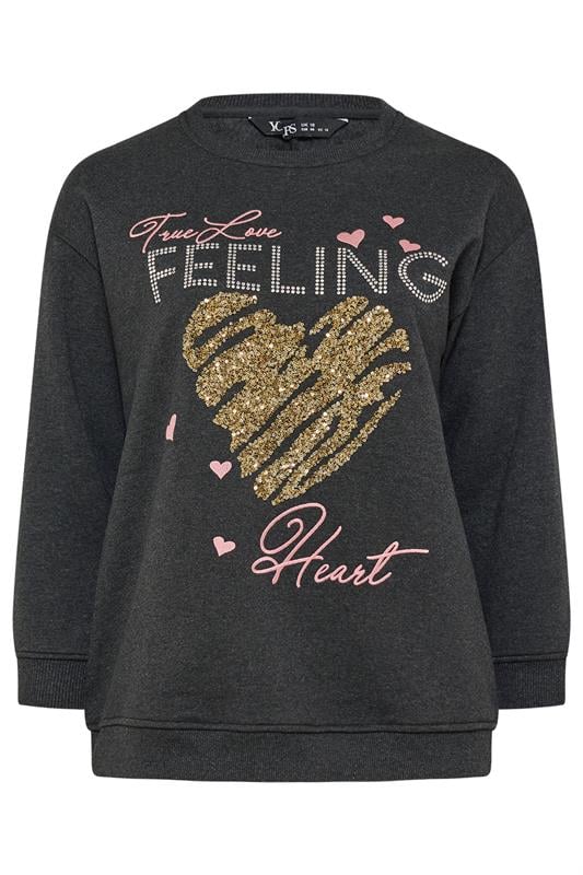 YOURS Curve Grey 'True Love Feeling' Heart Embellished Sweatshirt | Yours Clothing 5