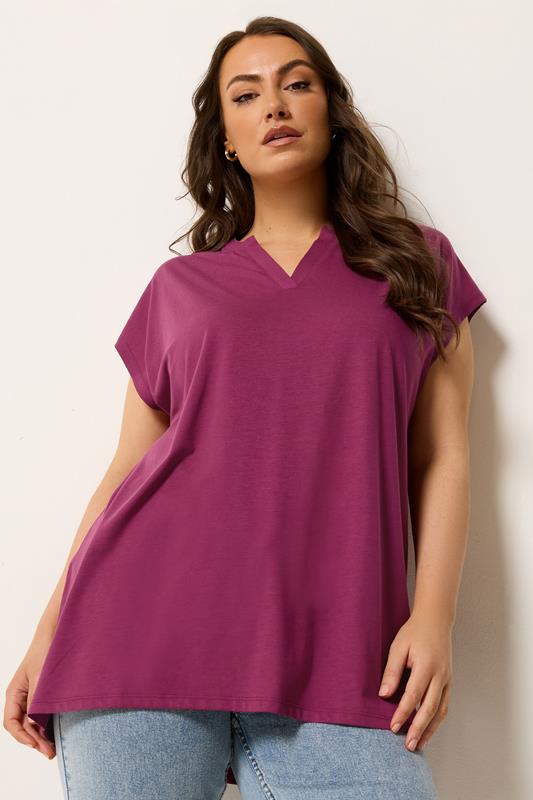 YOURS Plus Size Pink Notch Neck T-Shirt | Yours Clothing 1