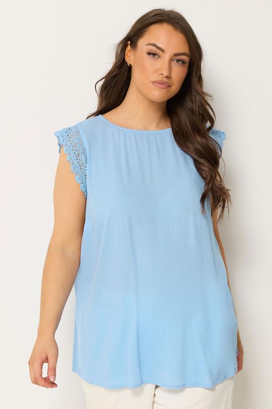 YOURS Curve Blue Crochet Trim Crinkle Top