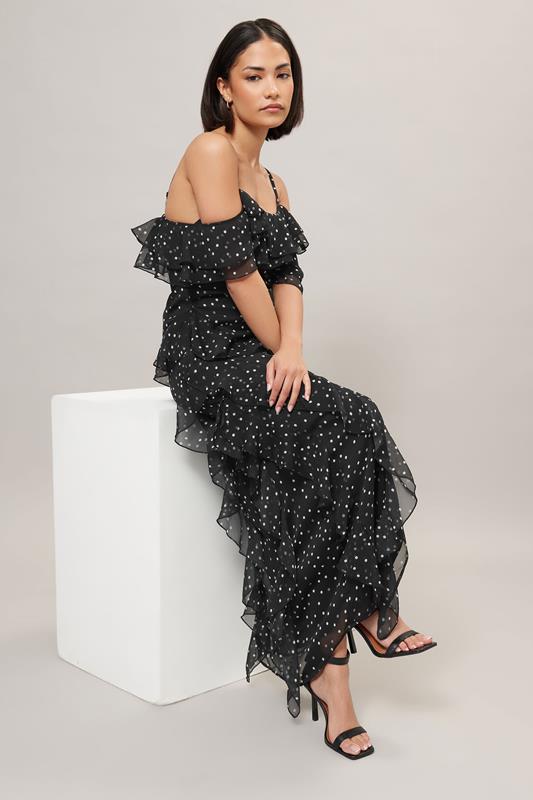 PixieGirl Petite Women's Black Chiffon Polka Dot Ruffle Maxi Dress | PixieGirl 2