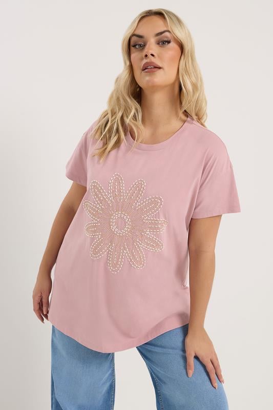 YOURS Curve Pink Beaded Daisy T-Shirt
