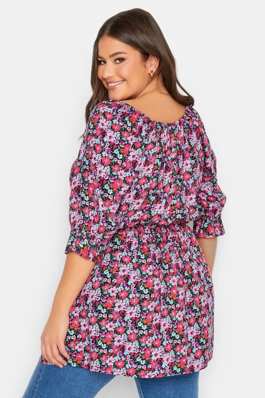 YOURS Plus Size Black Floral Print Shirred Waist Top | Yours Clothing 3