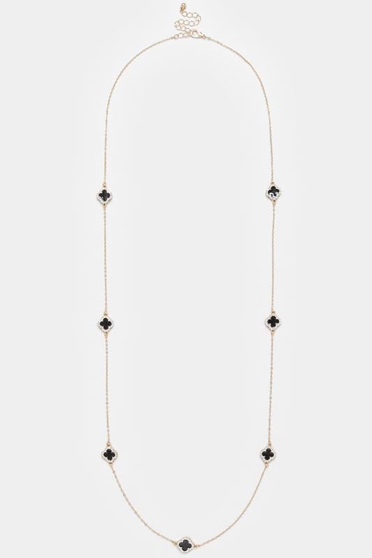 Gold Tone Long Diamante Clover Necklace