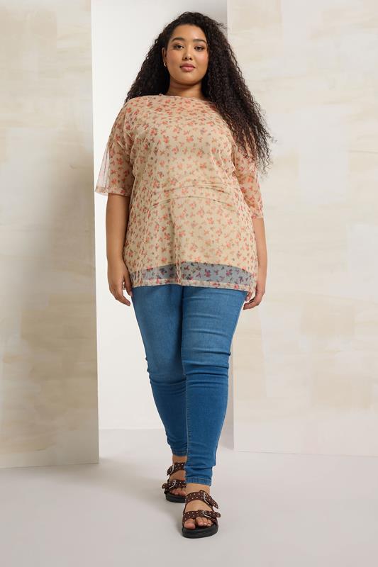 YOURS Plus Size Natural Brown Ditsy Floral Oversized Mesh Top | Yours Clothing 1