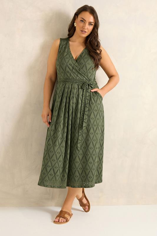EVANS Plus Size Khaki Green Broderie Wrap Midi Dress | Evans 2