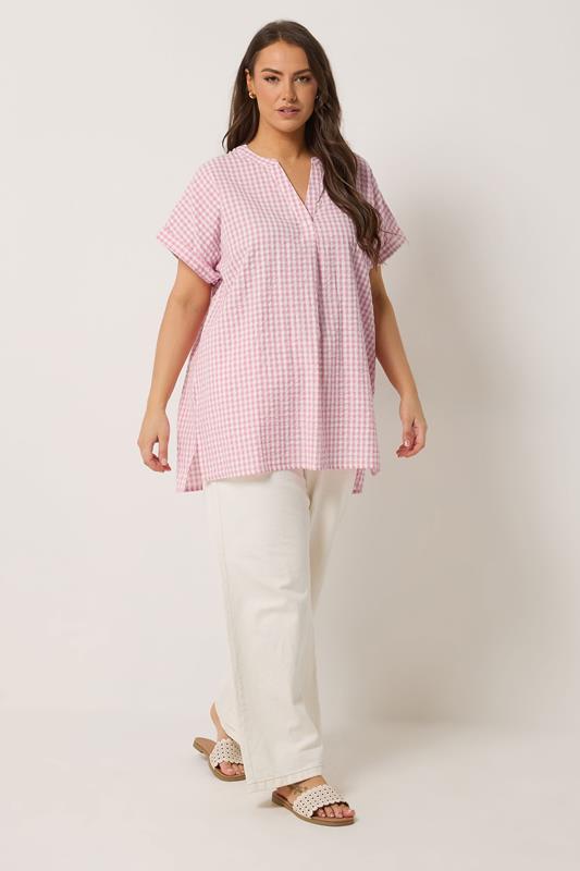 YOURS Plus Size Pink Check Overhead Half Placket Shirt | Yours Clothing 1